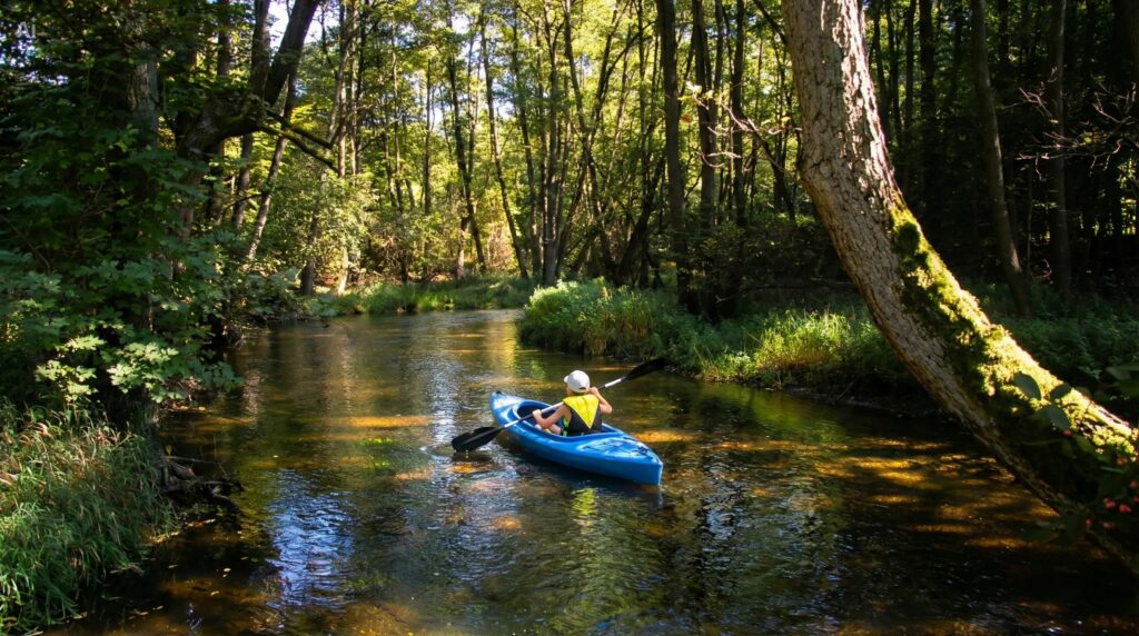 chłopiec w spływie kajakowych po rzece Kortynicy 
